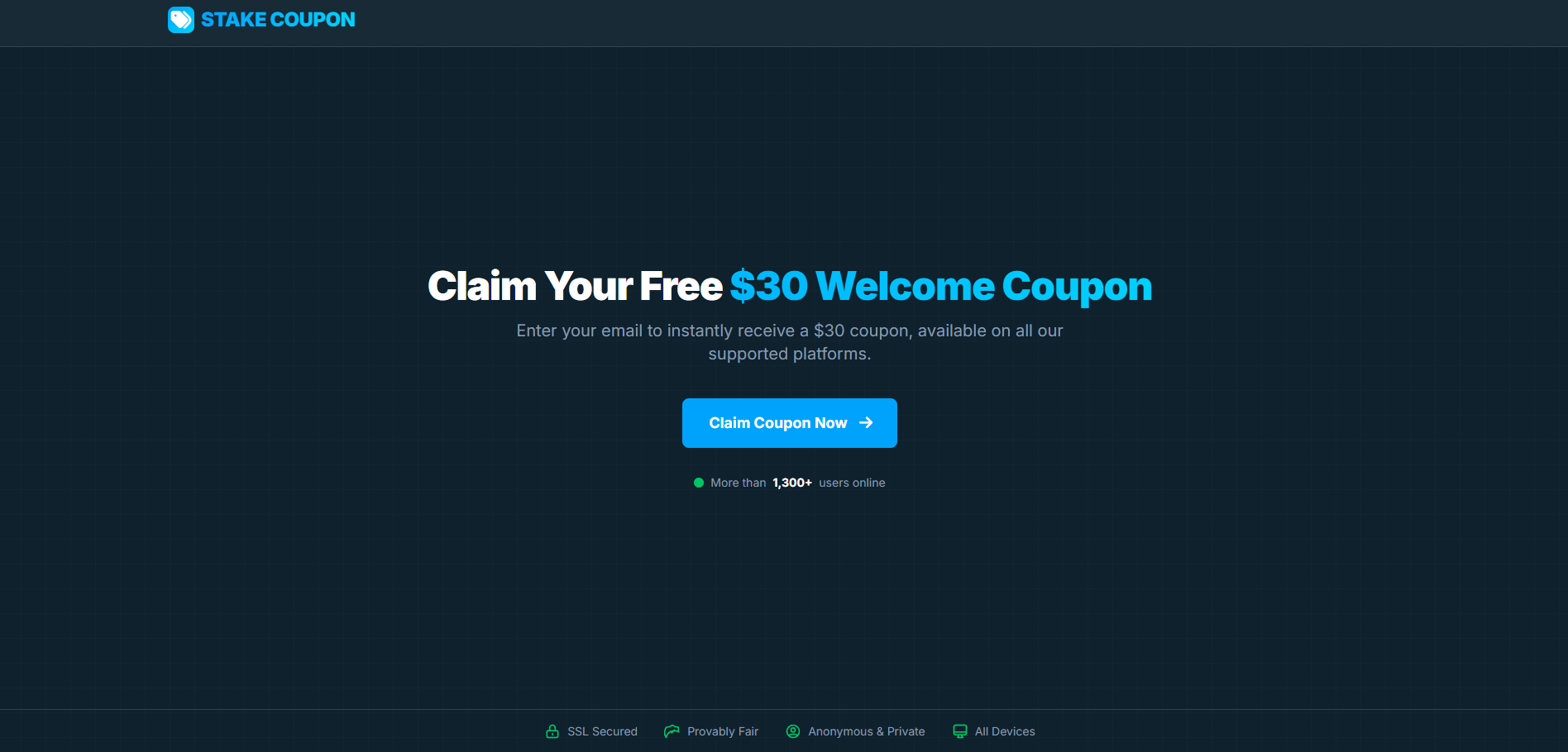 A screenshot of the success screen on StakePromo.cc displaying a generated $30 Stake promo coupon ready to be used.